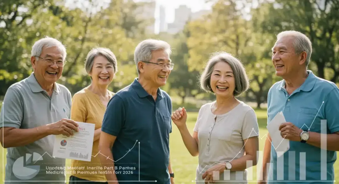 Happy retirees discussing finances in a park, symbolizing savings on Medicare Part B premiums.