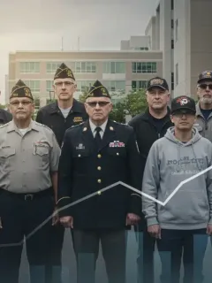 Veterans gathered in front of a modern VA facility, representing new benefits and healthcare programs.