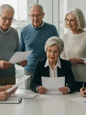 Group of people discussing 2026 Social Security benefits with a financial advisor.