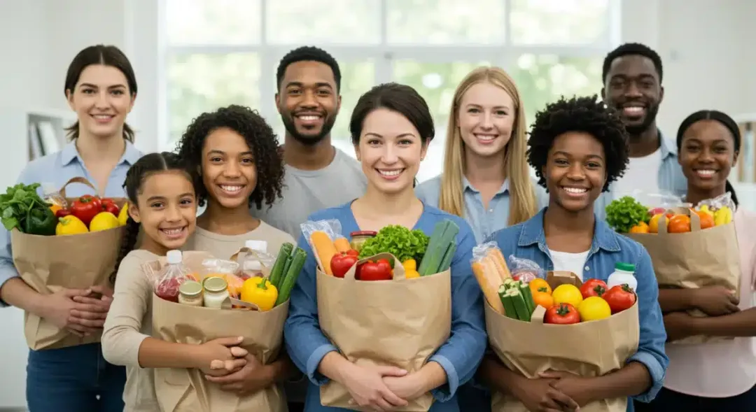 Families and individuals benefiting from SNAP, holding groceries with smiles, symbolizing food security.