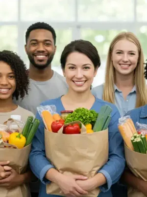Families and individuals benefiting from SNAP, holding groceries with smiles, symbolizing food security.