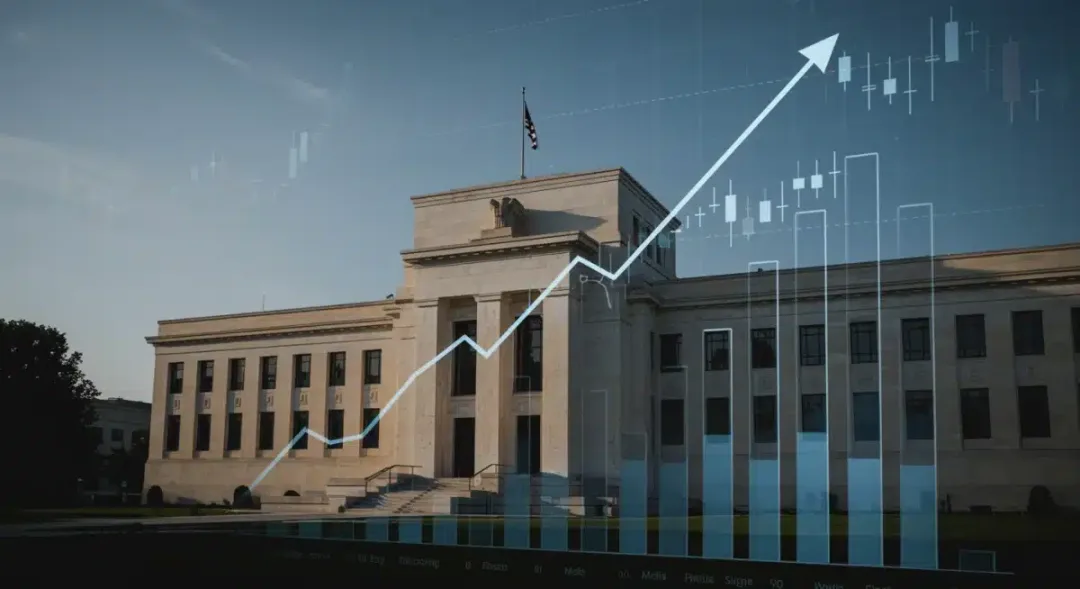 Federal Reserve building with financial graphs showing shifting rate hike expectations.