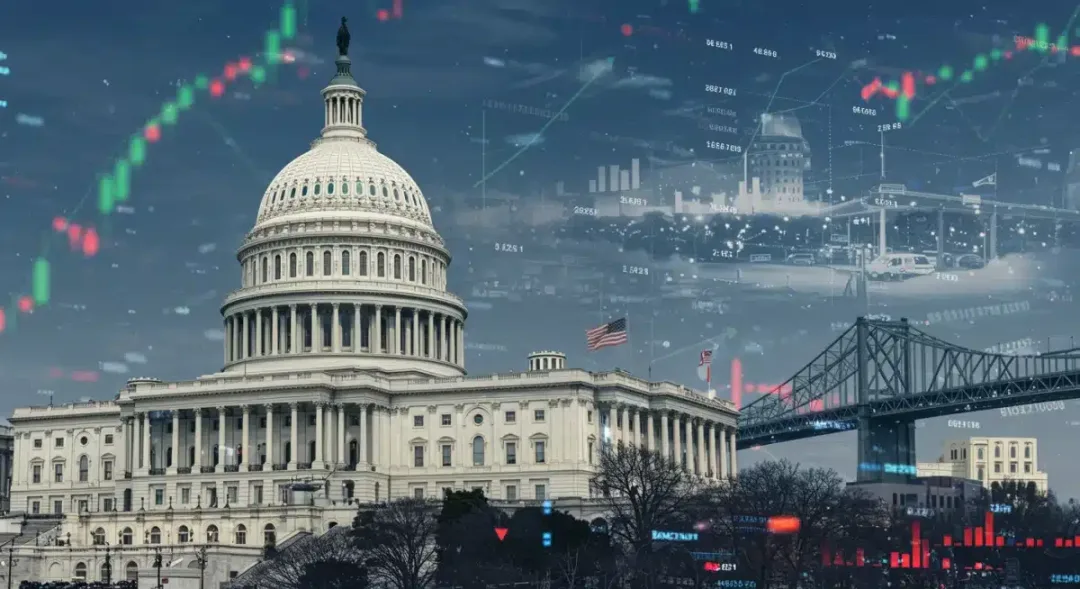 US Capitol Building amidst digital financial data and infrastructure graphics, symbolizing the 2027 infrastructure spending bill.