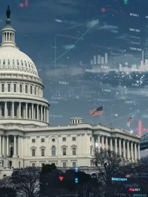 US Capitol Building amidst digital financial data and infrastructure graphics, symbolizing the 2027 infrastructure spending bill.