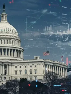 US Capitol Building amidst digital financial data and infrastructure graphics, symbolizing the 2027 infrastructure spending bill.