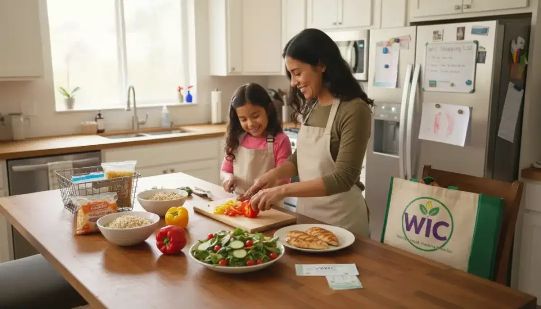 Parent and child cooking a healthy meal with WIC-eligible foods.