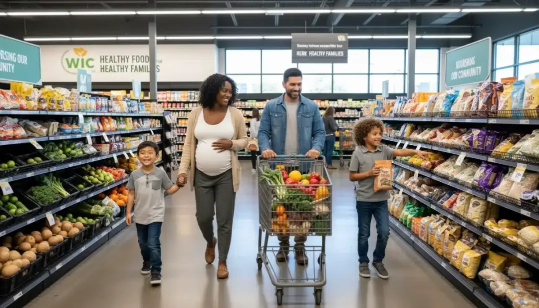 Family shopping for healthy groceries, representing WIC benefit modernization.