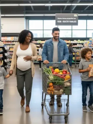Family shopping for healthy groceries, representing WIC benefit modernization.