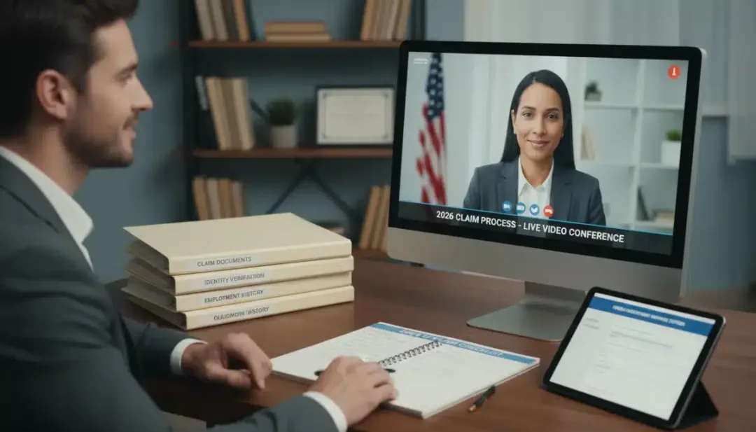 Person on video call with government official, discussing unemployment claim documentation