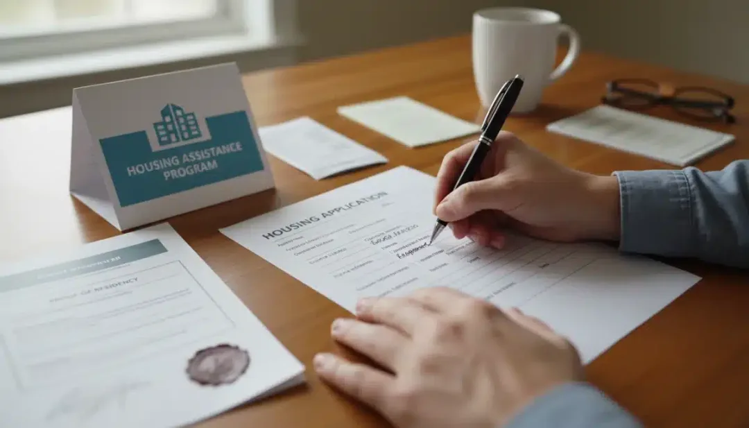 Hands completing a federal housing application form, detailing the application process.