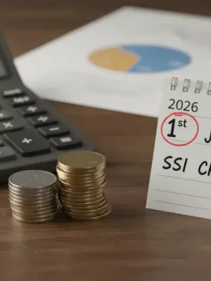 Calculator with coins and 2026 calendar, symbolizing 2026 SSI payment increase and financial planning