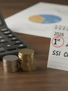 Calculator with coins and 2026 calendar, symbolizing 2026 SSI payment increase and financial planning