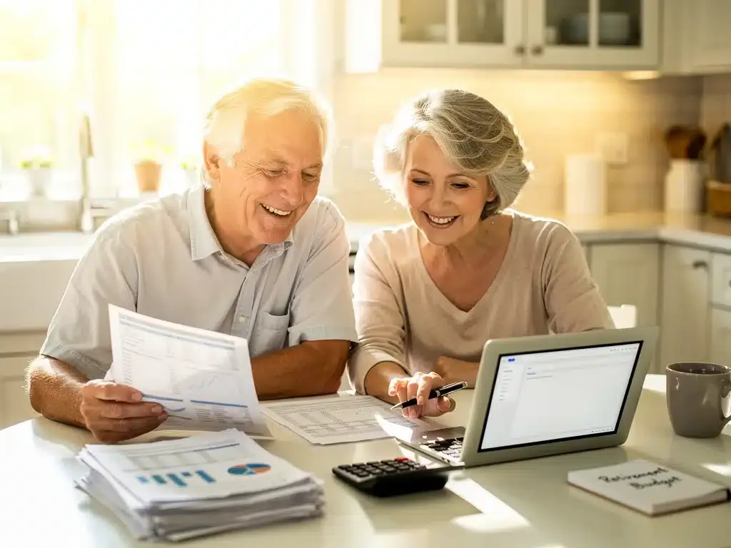 Elderly couple reviewing financial documents, discussing COLA impact