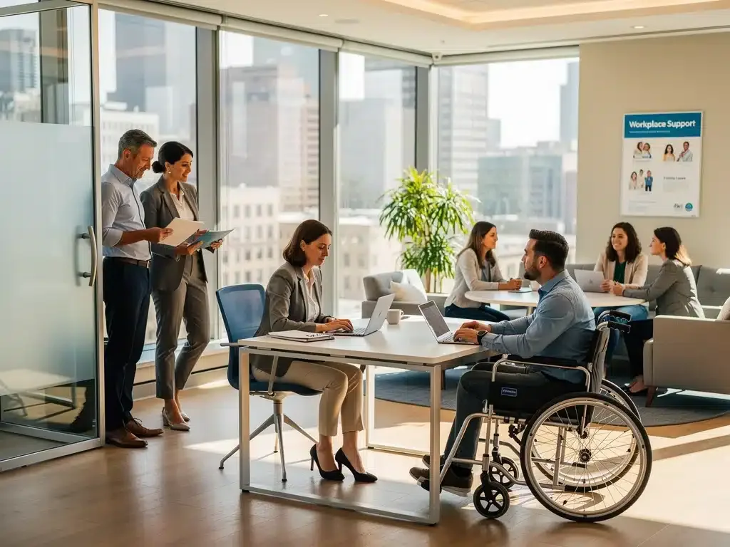 Diverse employees discussing FMLA benefits in office