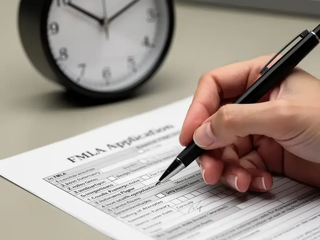 Hand filling out FMLA application form with clock
