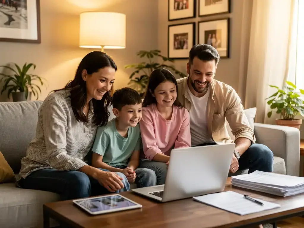 Happy family reviewing financial documents on a tablet, symbolizing financial planning for the EITC.