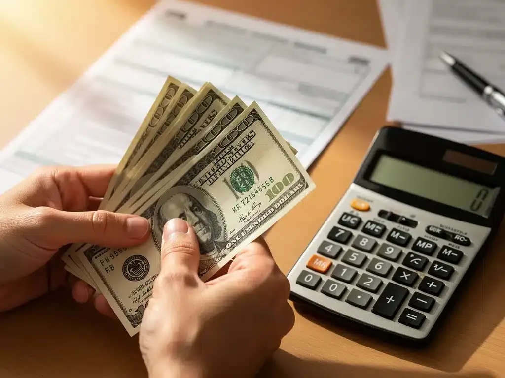 Hands holding US dollar bills with a tax form, symbolizing the 2026 EITC refund.