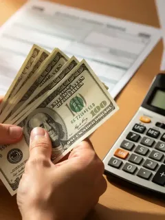 Hands holding US dollar bills with a tax form, symbolizing the 2026 EITC refund.