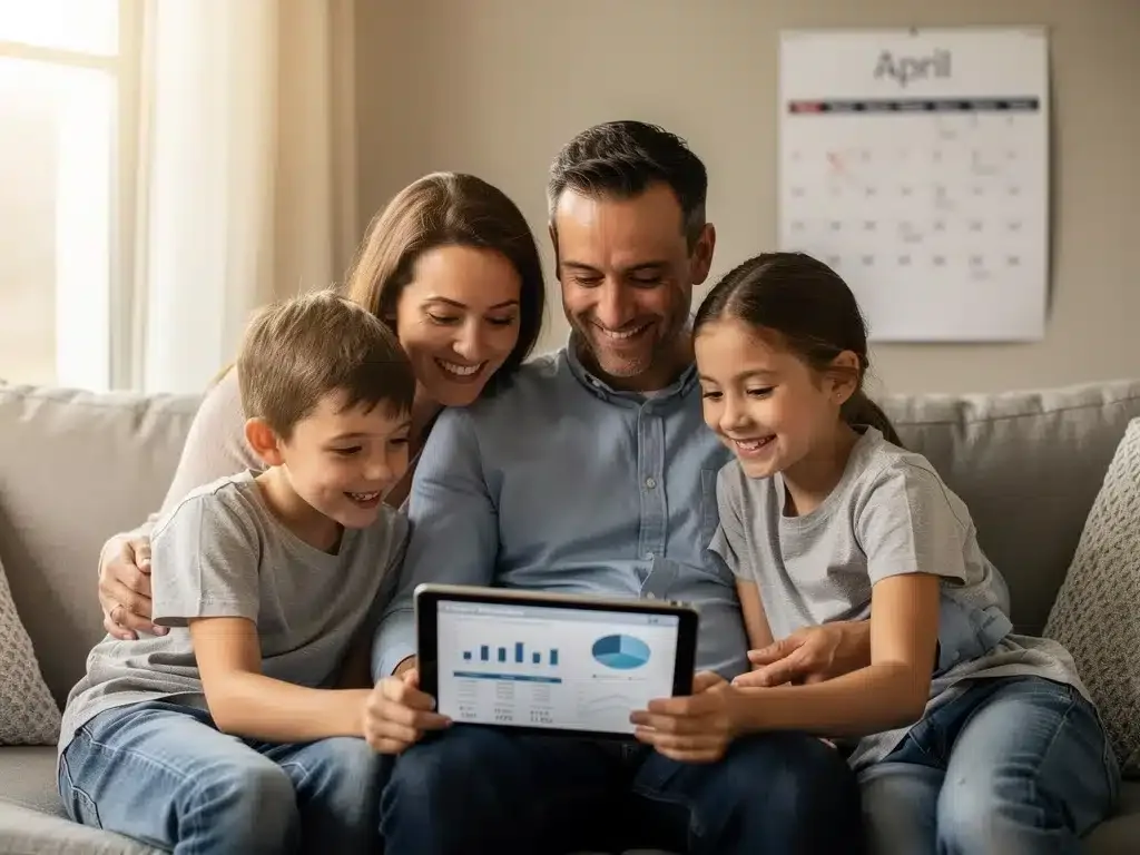Parents and children reviewing tax documents on a tablet, symbolizing the 2026 Child Tax Credit.