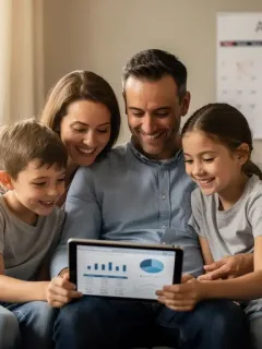 Parents and children reviewing tax documents on a tablet, symbolizing the 2026 Child Tax Credit.