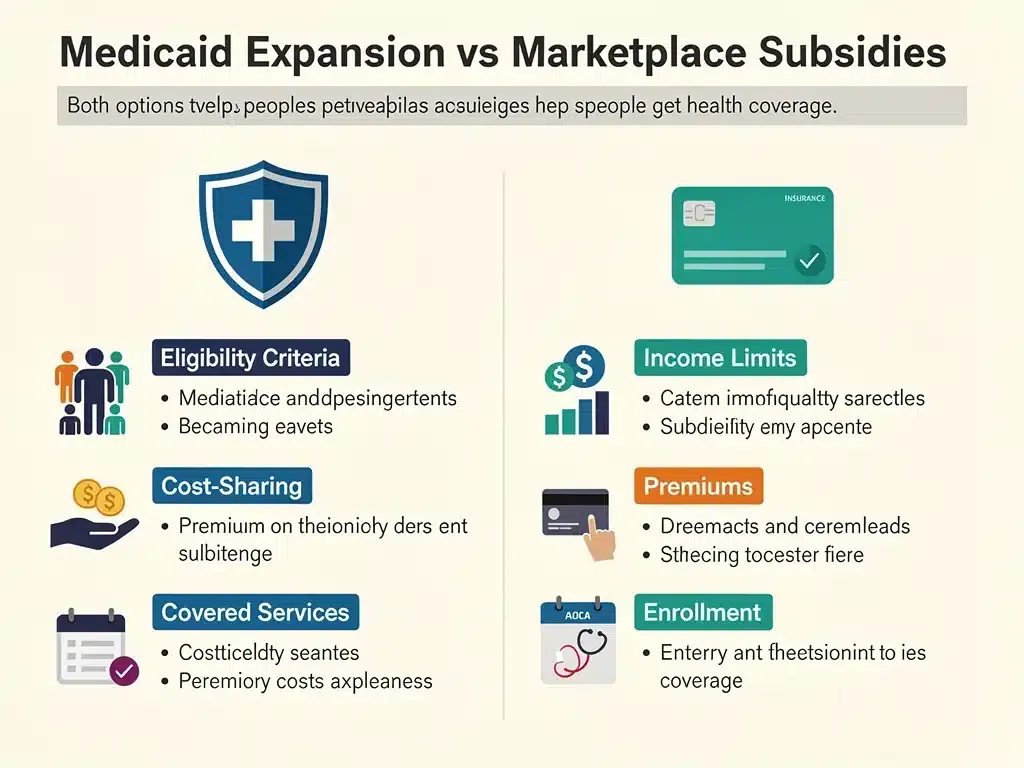 Infographic comparing Medicaid expansion and Marketplace subsidies benefits