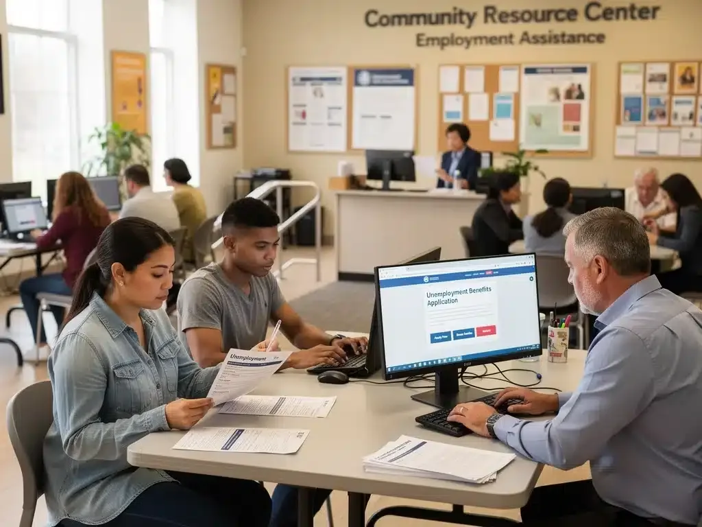 People reviewing documents and computers for 2026 unemployment benefit applications.