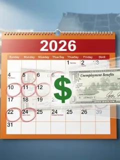 Calendar highlighting 2026 and unemployment benefit symbols, representing new federal extensions.