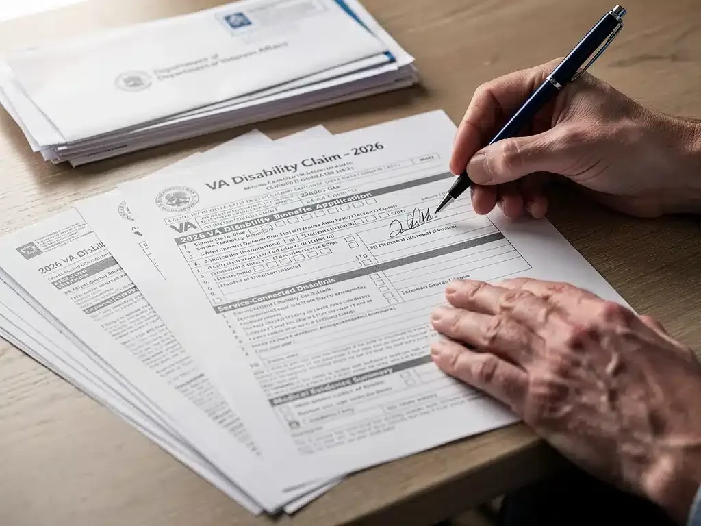Hands filling out VA disability claim forms for 2026 benefits