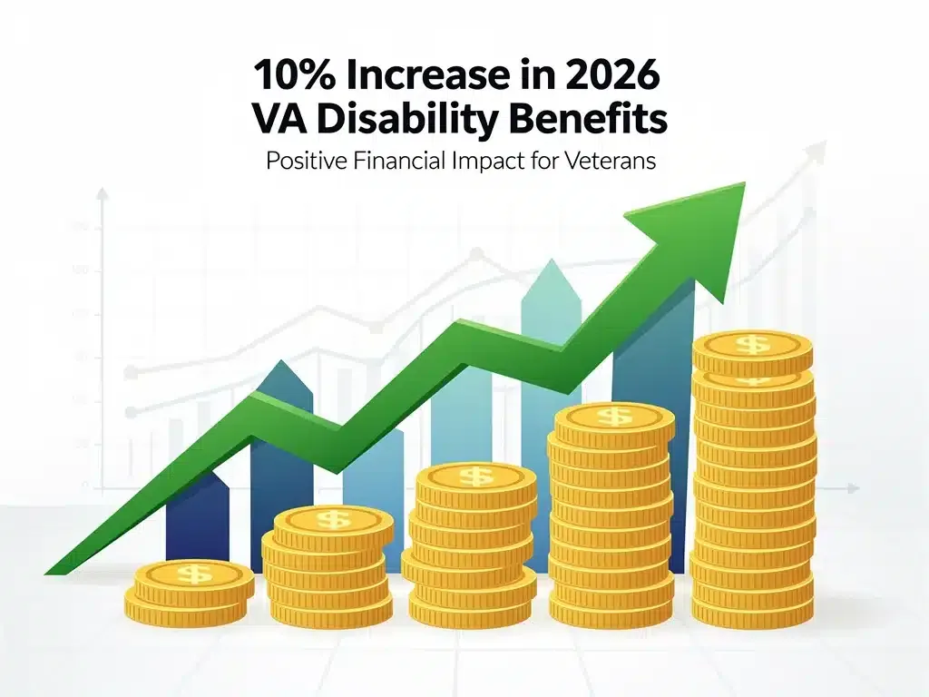 Financial growth chart with upward arrows and coins, symbolizing increased VA benefits