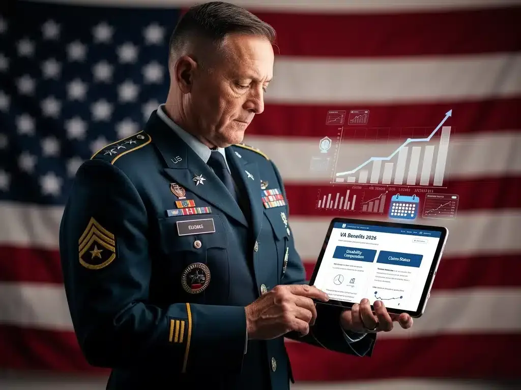 Veteran reviewing 2026 VA disability benefits claim information on tablet