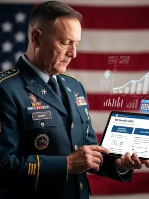 Veteran reviewing 2026 VA disability benefits claim information on tablet