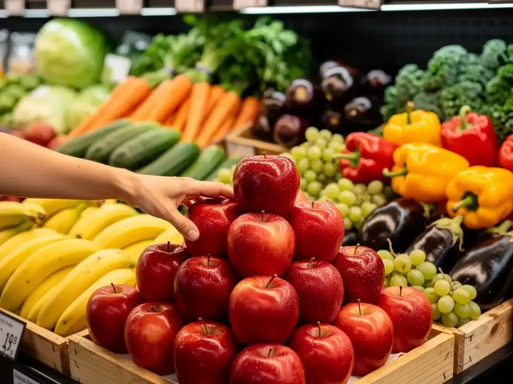 Fresh produce in grocery store, representing healthy food choices.