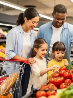 Family grocery shopping, symbolizing SNAP benefit impact on food security.