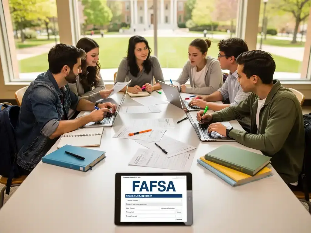 Students collaboratively reviewing the 2026 FAFSA Guide on a tablet, discussing new financial aid formulas for college education.