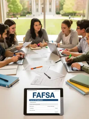 Students collaboratively reviewing the 2026 FAFSA Guide on a tablet, discussing new financial aid formulas for college education.