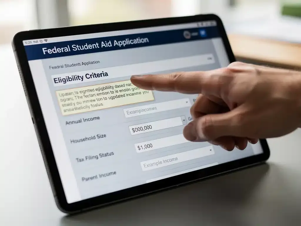 Hand pointing to changes in a digital financial aid application.