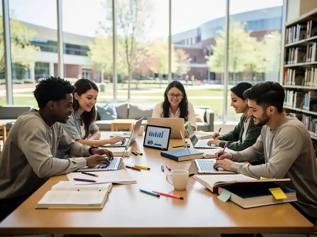 Diverse students studying on a university campus, representing investment in higher education.