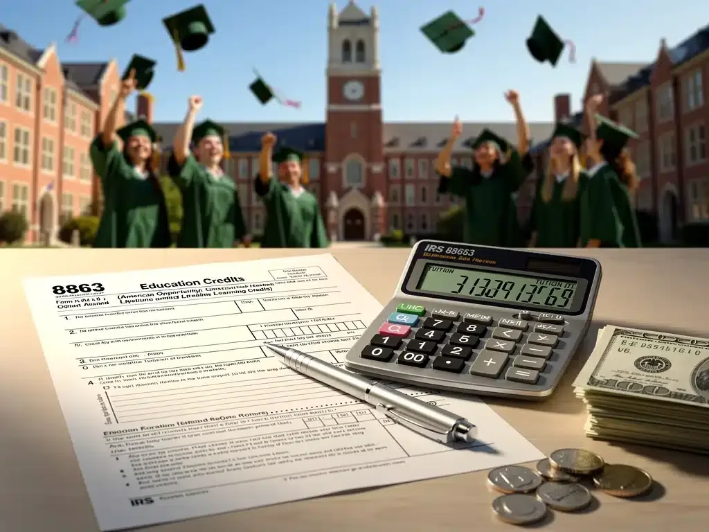 Illustration of tax forms, calculator, and money symbolizing education tax credit maximization for U.S. taxpayers in 2026.