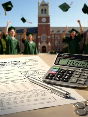 Illustration of tax forms, calculator, and money symbolizing education tax credit maximization for U.S. taxpayers in 2026.