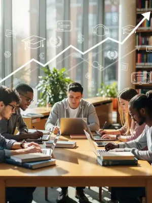 Students diligently researching merit-based scholarships for 2026 in a university library setting.