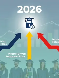 Comparison of three distinct income-driven repayment plans for student loans, with financial graphs and a prominent '2026' date.
