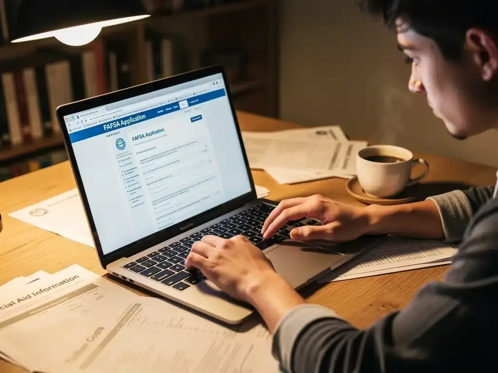 Student filling out FAFSA form on laptop, focusing on financial aid application details.
