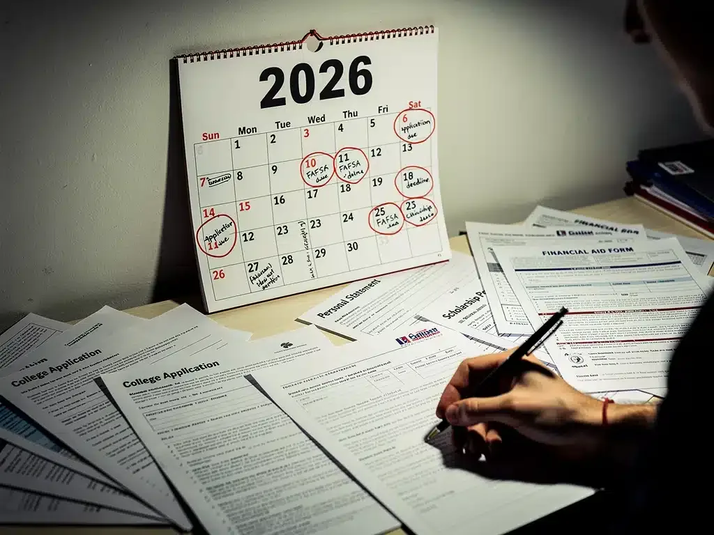 Calendar with 2026 dates, college applications, and financial aid forms, emphasizing critical deadlines.