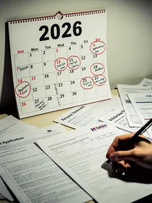 Calendar with 2026 dates, college applications, and financial aid forms, emphasizing critical deadlines.