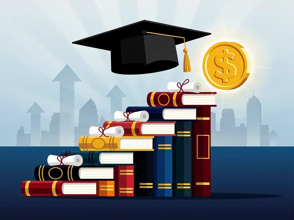 Career advancement through education, symbolized by a ladder of books leading to financial success.