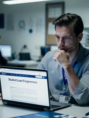 Professional reviewing 2026 PSLF changes on laptop, focused on financial planning.