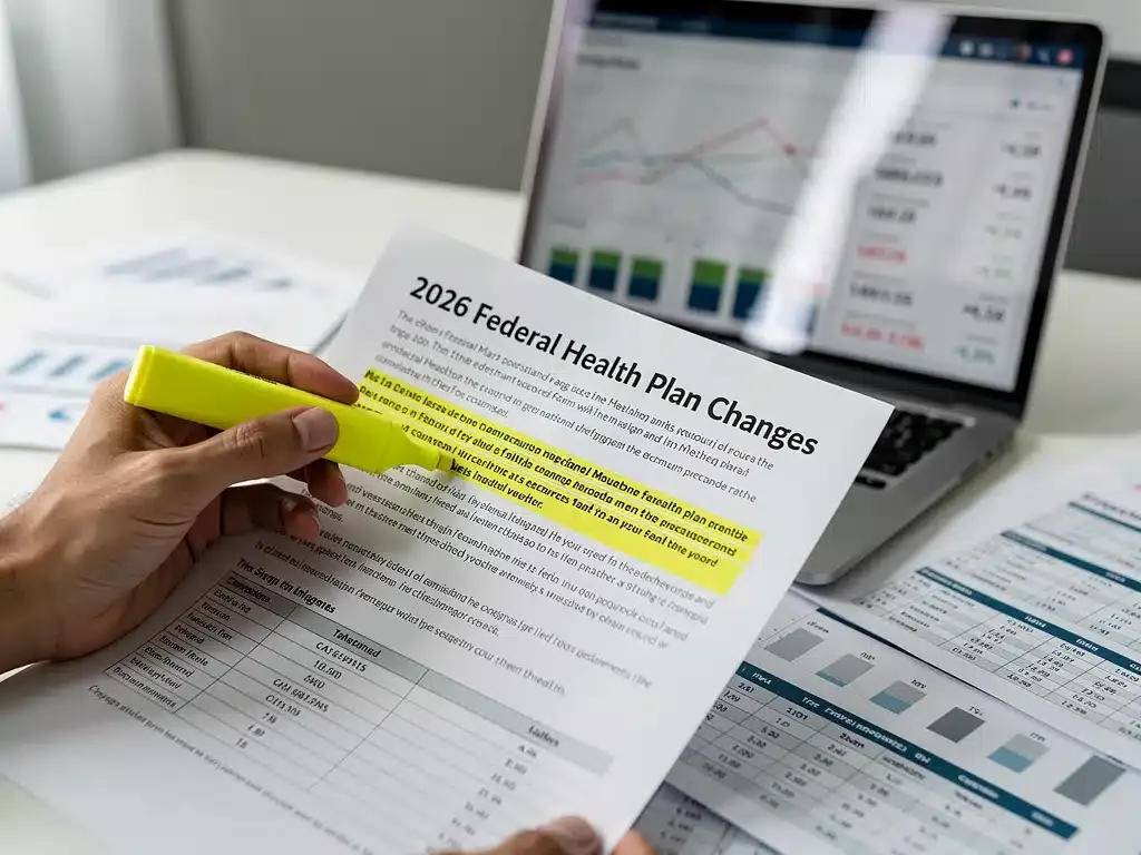 Hand highlighting key changes in 2026 federal health plans