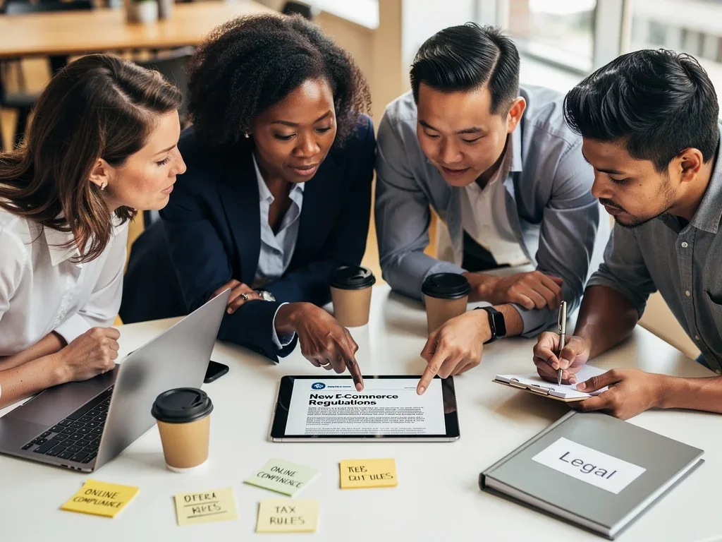 Small business owners discussing new e-commerce regulations