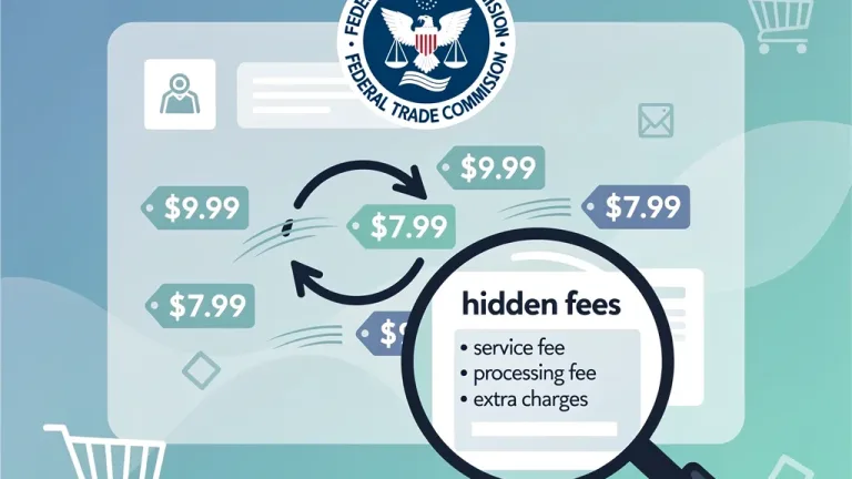 Federal Trade Commission logo overseeing a digital market with hidden fees being revealed.
