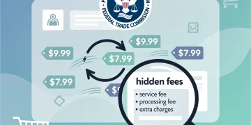 Federal Trade Commission logo overseeing a digital market with hidden fees being revealed.